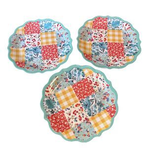 Pioneer Woman Patchwork Medley Melamine Dinner Plates Scalloped Teal 3 Plates